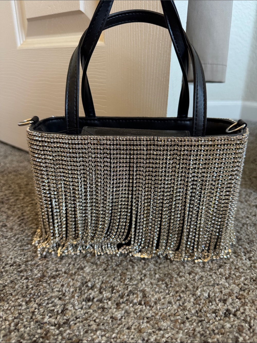 Forever 21 Black Mini Bag with Gold Rhinestone Fringe
